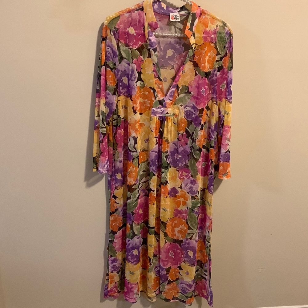 Beautiful Sheer Floral V-Neck Maxi Dress in Purple, Pink & Orange